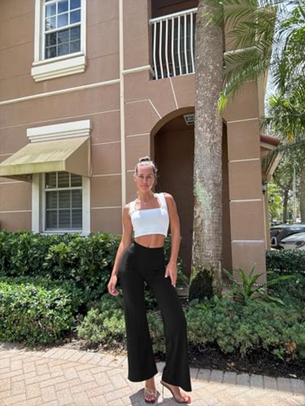 High Waist Wide Leg Pants, Stretch Nylon, Casual Workout Wear - Picture 3 of 6